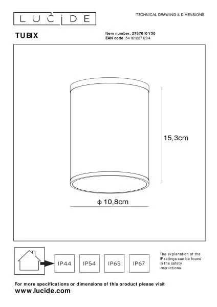 Lucide TUBIX - Deckenstrahler Innen/Außen - Ø 10,8 cm - 1xE27 - IP54 - Anthrazit - TECHNISCH